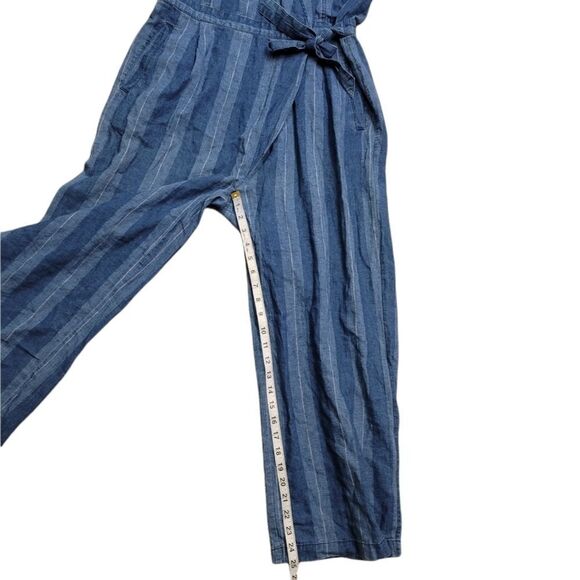 JOIE Xenia Cropped Striped Linen And Cotton-blend Wrap Jumpsuit In Ocean - Picture 12 of 14